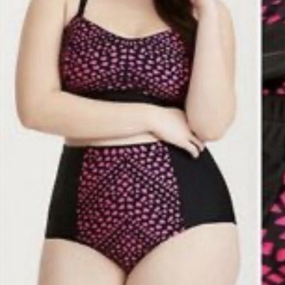 Torrid Bikini Black Hot Pink Bottoms Size 0 Swimsuit Cutout High Waist Coverage - Picture 2 of 5